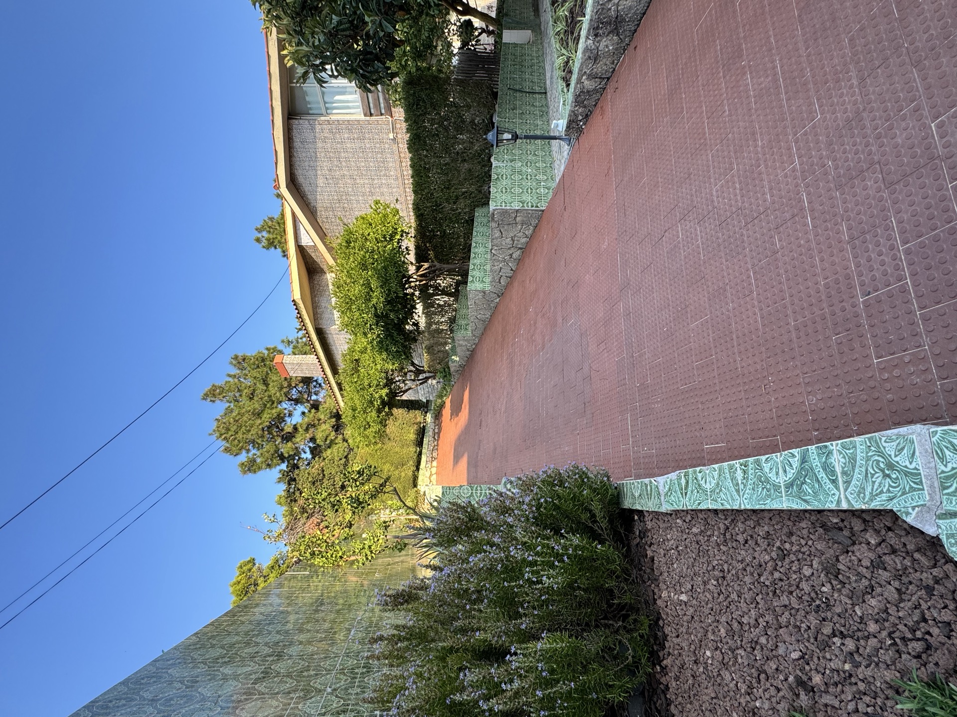Tiled garden pathway lined with rosemary